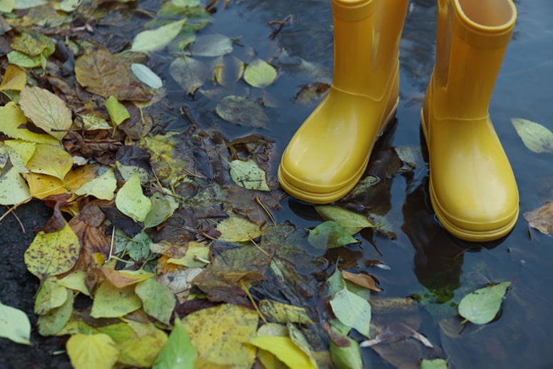Wasserpfütze und Gummistiefel